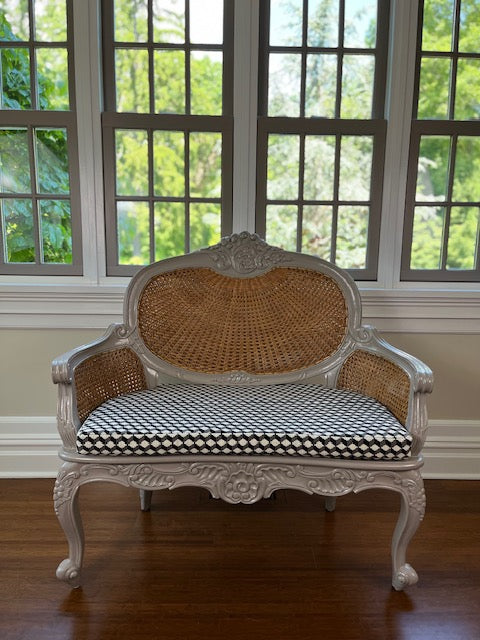 Antique Cain Settee with Farrow and Ball Paint and Romo Cushion.