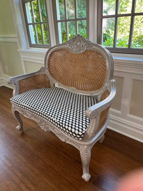 Antique Cain Settee with Farrow and Ball Paint and Romo Cushion.